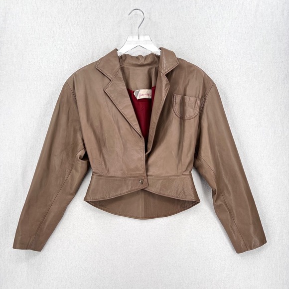 VINTAGE 80s Leather Jacket Womens Small Taupe Brown Cropped Julio De Rodriguez - Picture 3 of 16
